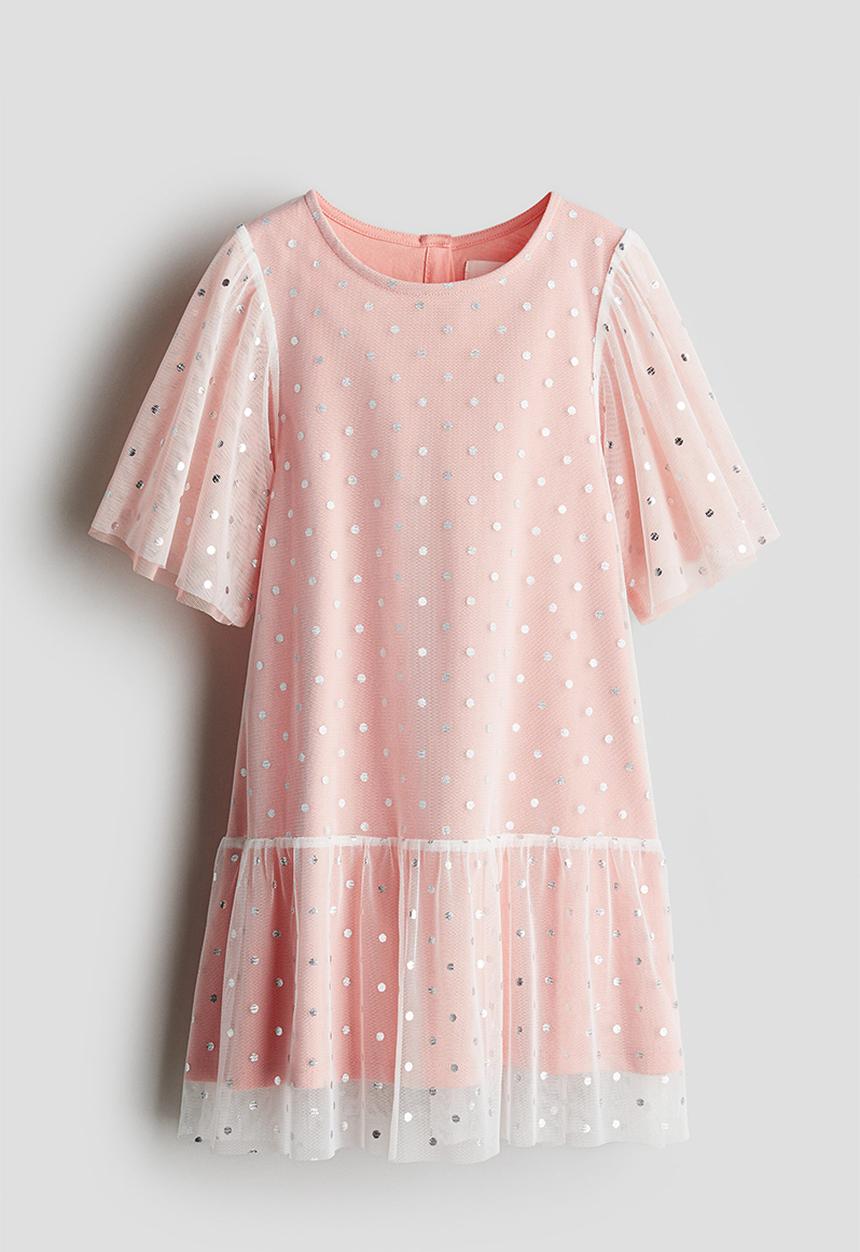 H&M - Foil-print tulle dress - light pink/spotted
