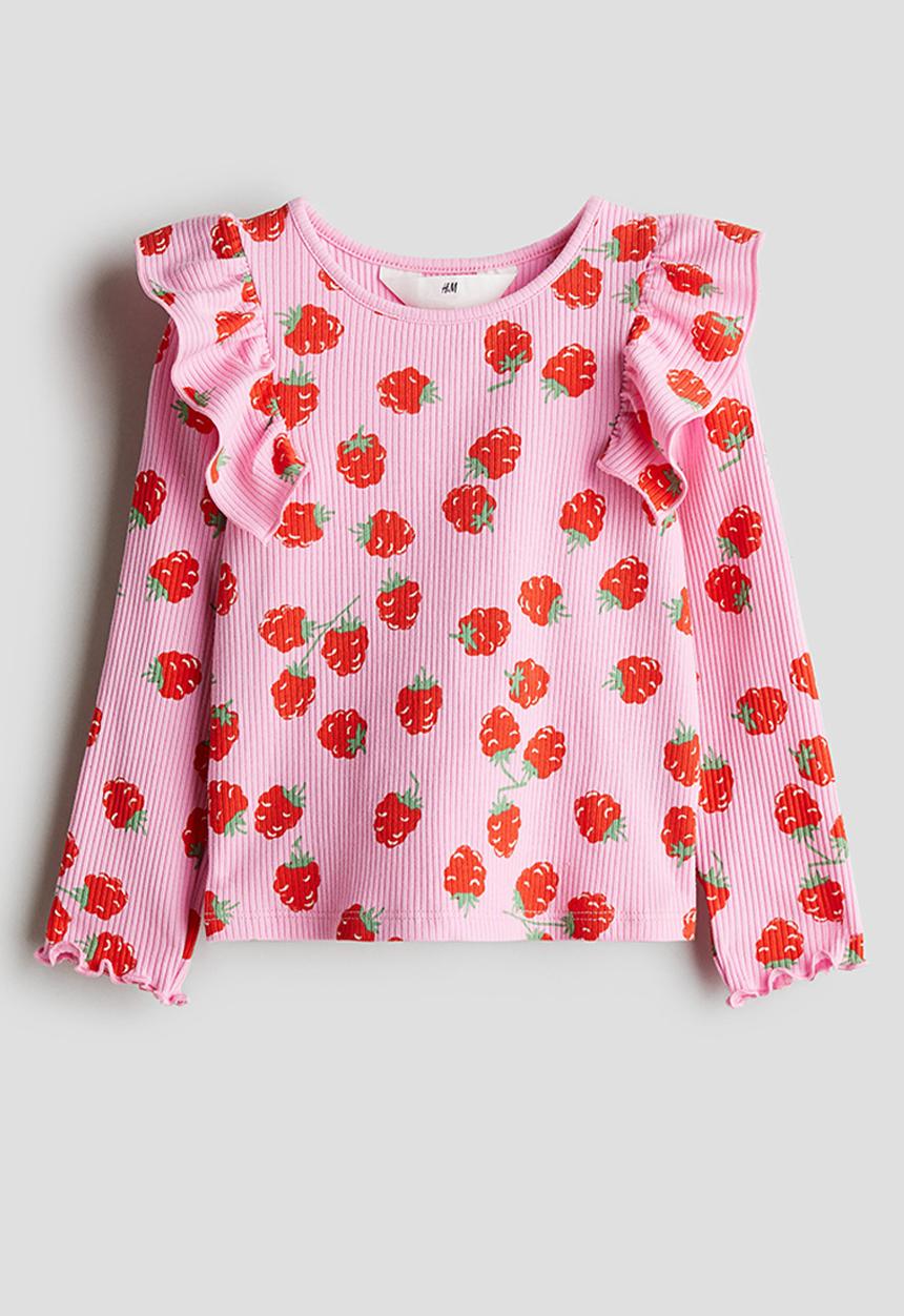 H&M - Flounced cotton jersey top - pink raspberries 