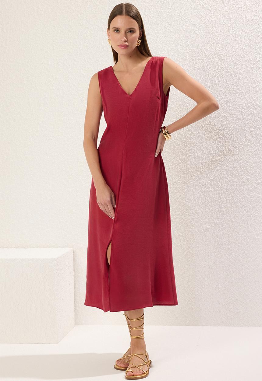 Trendyol - Midi Aline Woven V Neck  Dress - Burgundy