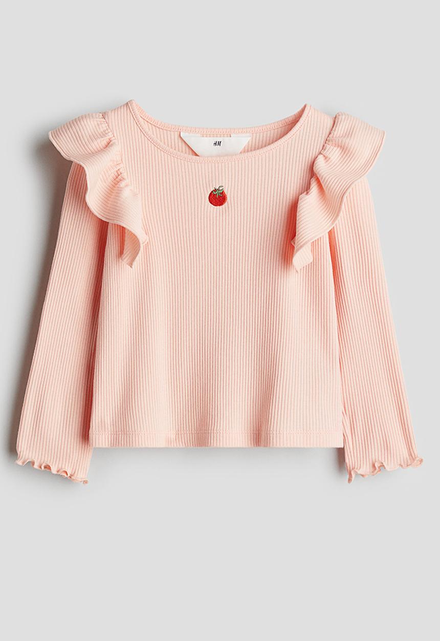 H&M - Flounced cotton jersey top - light peach tomato