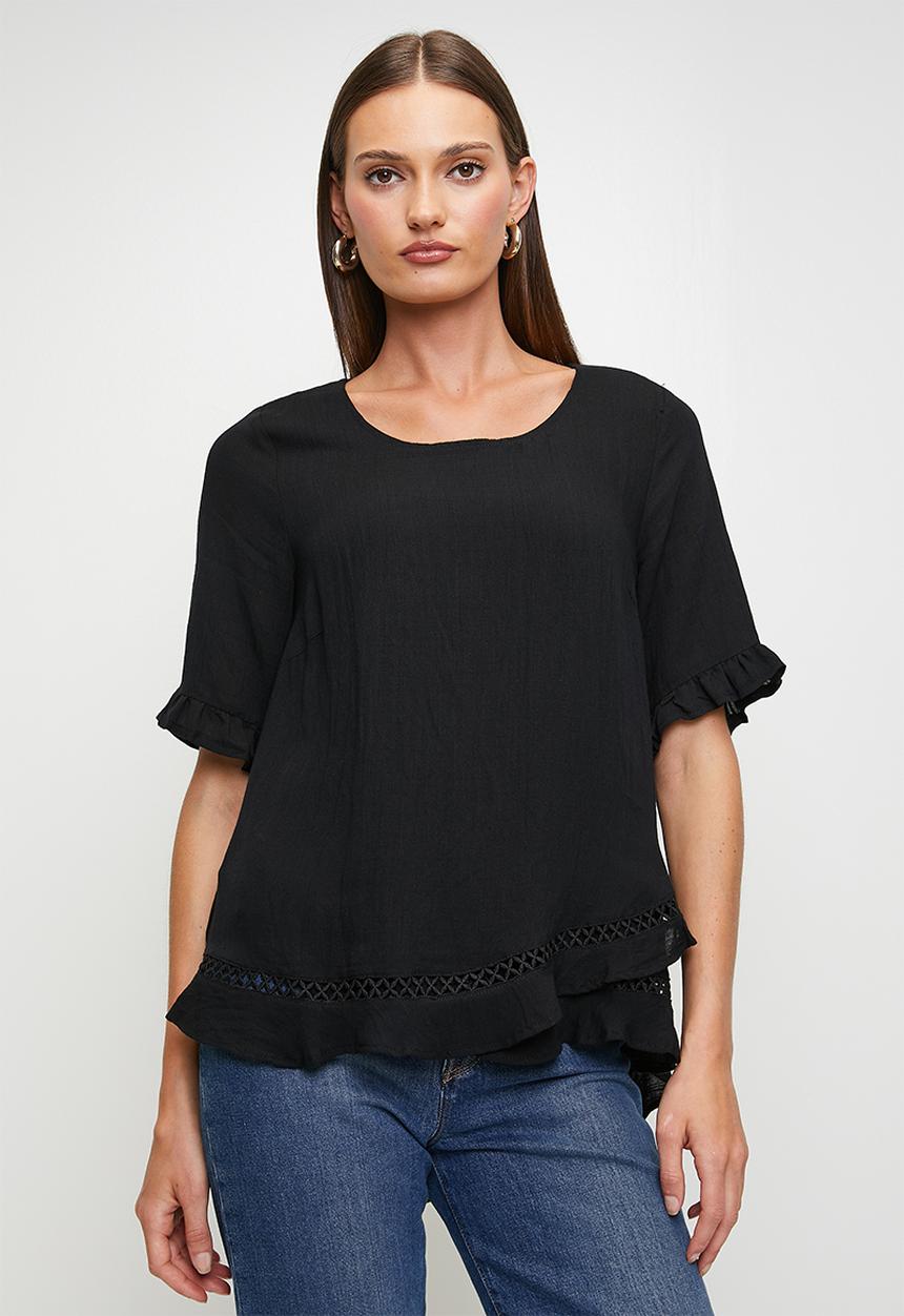 Stella Morgan - Short Sleeve Flutter Easywearing Blouse With Lader Lace Detail - Black