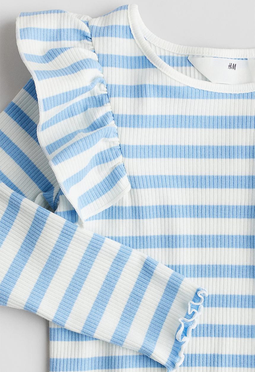 H&M - Flounced cotton jersey top - light blue striped