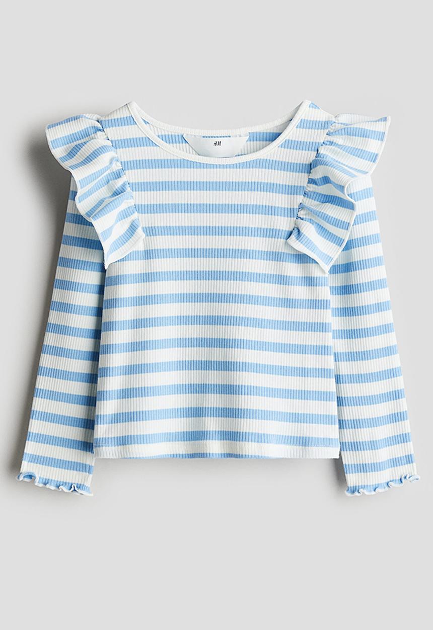 H&M - Flounced cotton jersey top - light blue striped