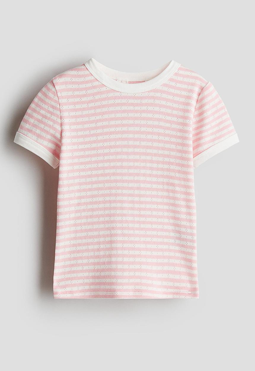 H&M - Short-sleeved pointelle jersey top - light pink striped