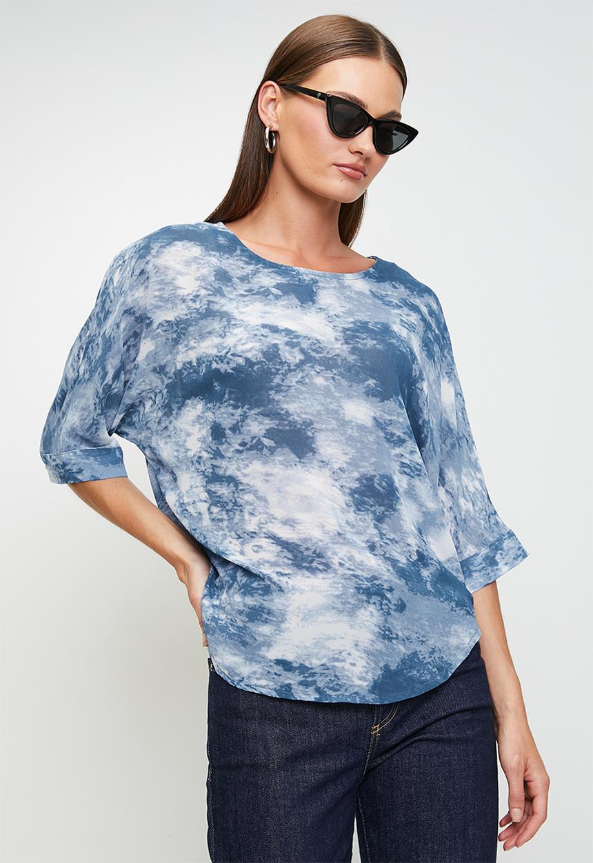 Stella Morgan - Half Sleeve Flutter Easy Wearing Boat Neck Sheer Blouse - Blue