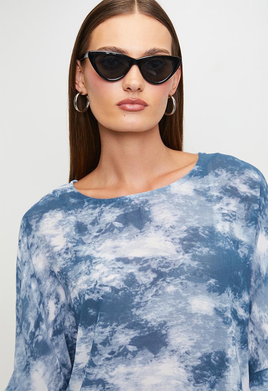 Stella Morgan - Half Sleeve Flutter Easy Wearing Boat Neck Sheer Blouse - Blue