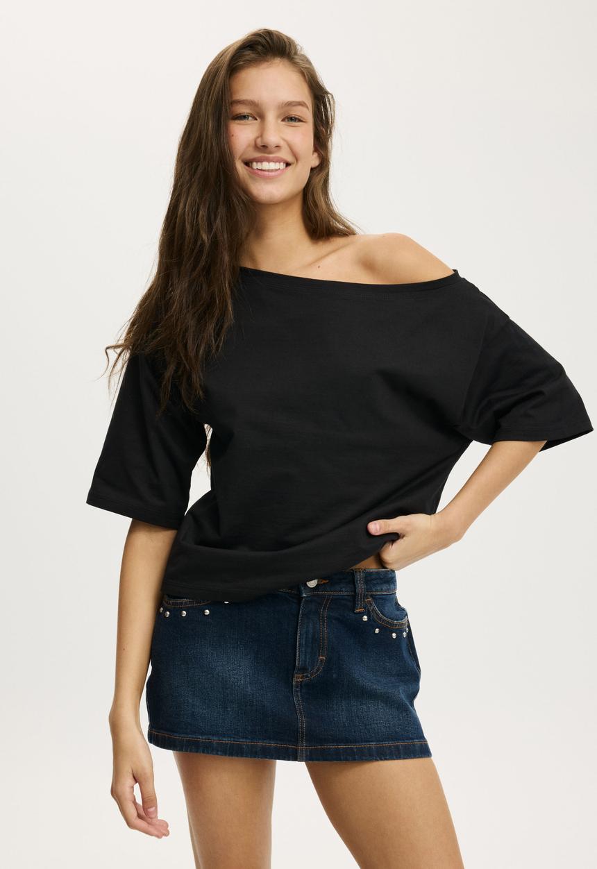 Cotton On - Billie off shoulder tee - black