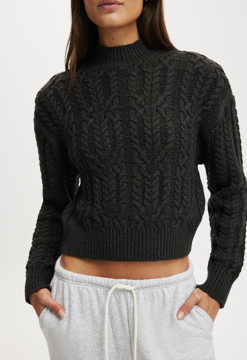 Cotton On - Extended neck cable knit - charcoal marle
