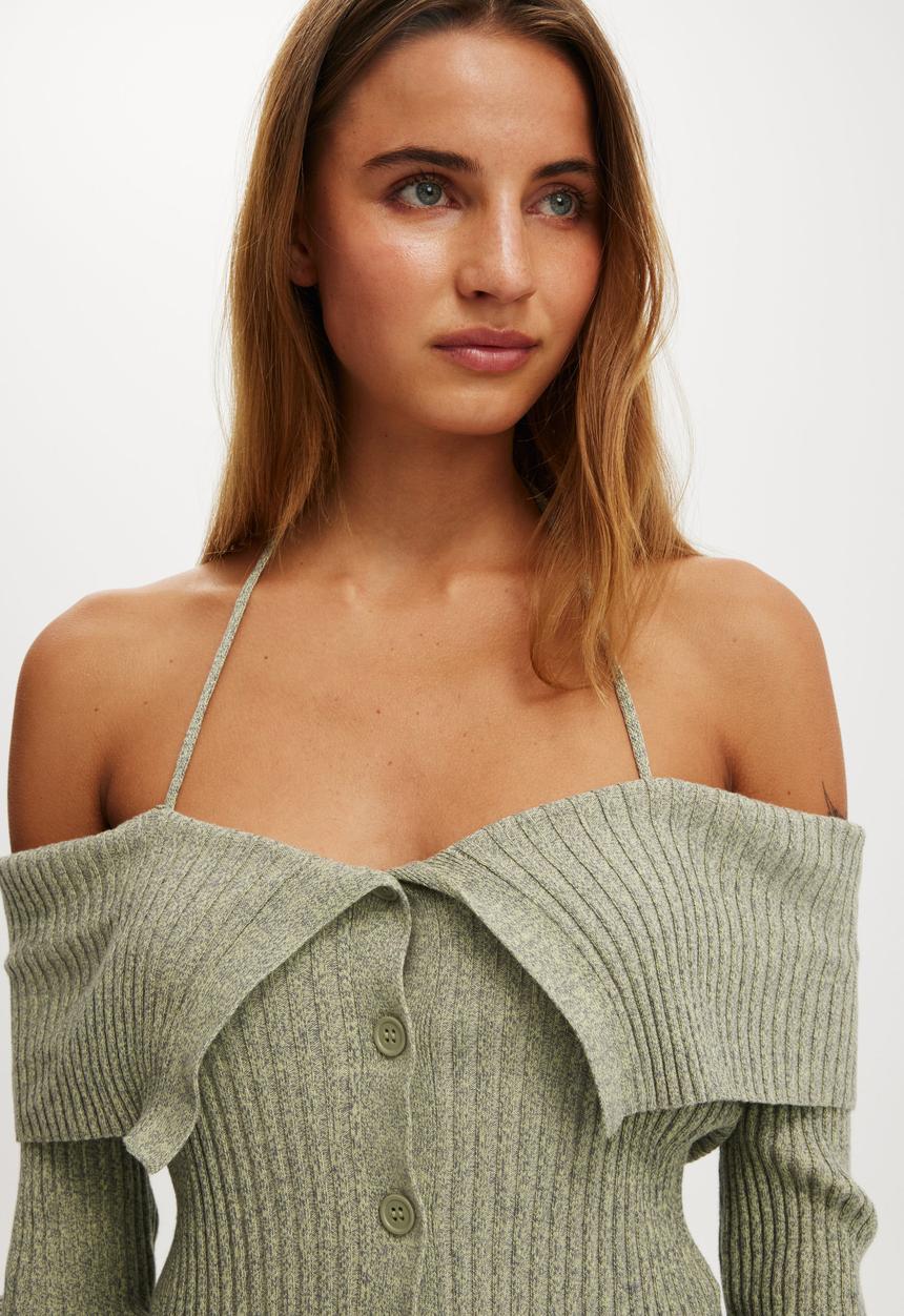 Cotton On - Button down off shoulder knit - frosted lime twist