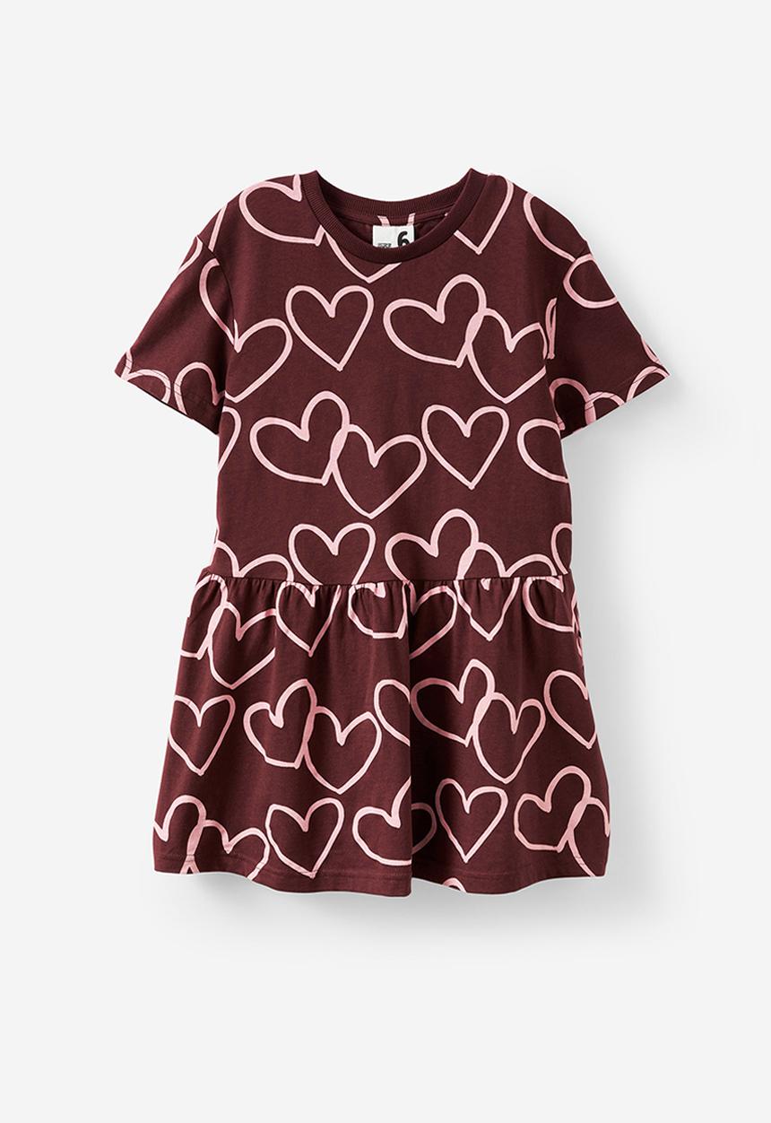 Cotton On - Willow Short Sleeve Dress - Bordeaux/Marshmallow Heart