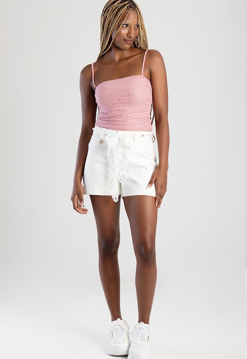 SISSY BOY - High Waist White Shorts With Pearl And Lace Belt  - White