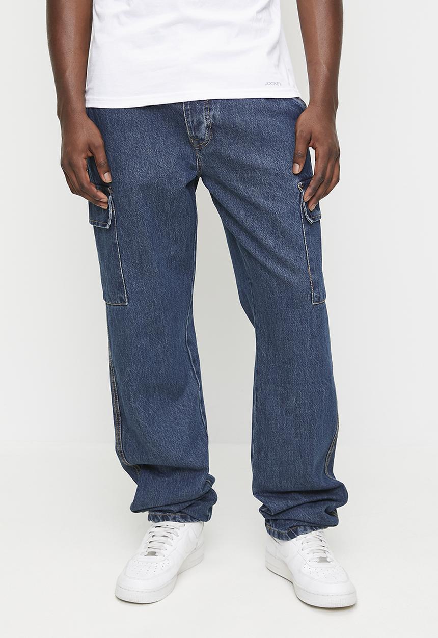 Brave Soul - Wide Leg Denim Jean Cargo Pockets - Mid Blue Wash Long Length