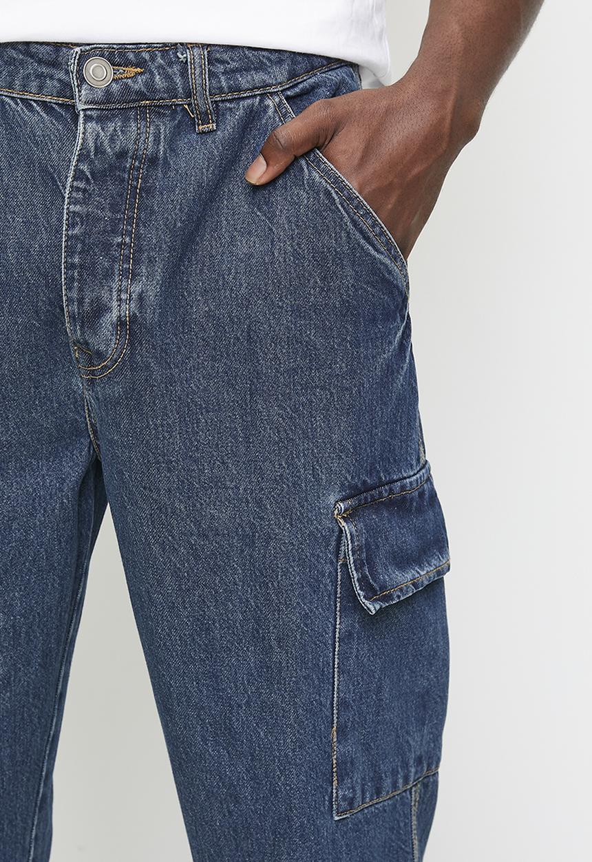 Brave Soul - Wide Leg Denim Jean Cargo Pockets - Mid Blue Wash Long Length