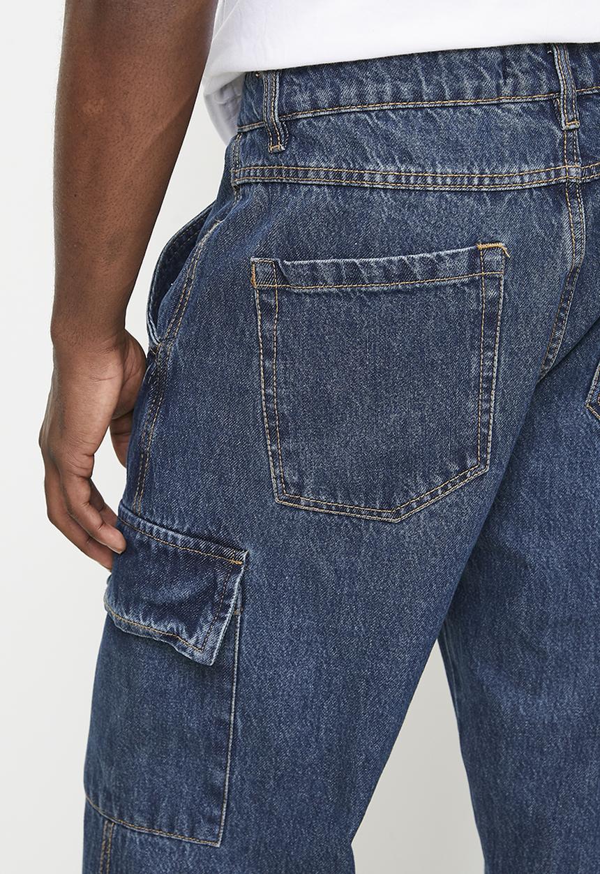 Brave Soul - Wide Leg Denim Jean Cargo Pockets - Mid Blue Wash Long Length