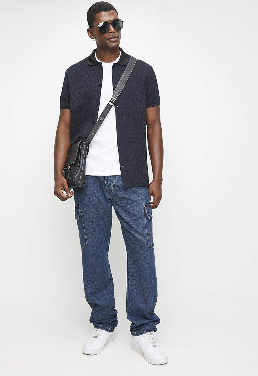 Brave Soul - Wide Leg Denim Jean Cargo Pockets - Mid Blue Wash Long Length