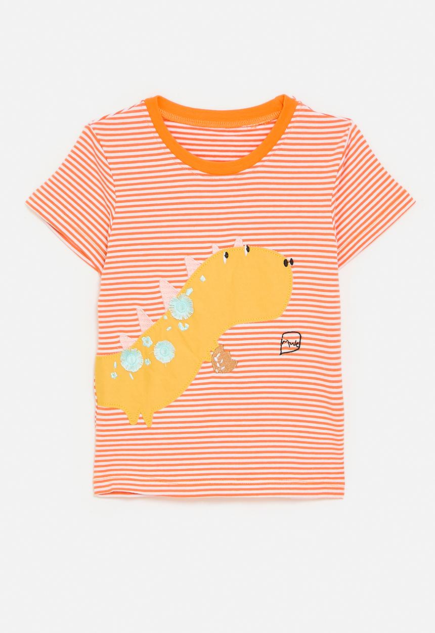 Pop Candy - Candy striped tee with multi detail dino graphic - orange