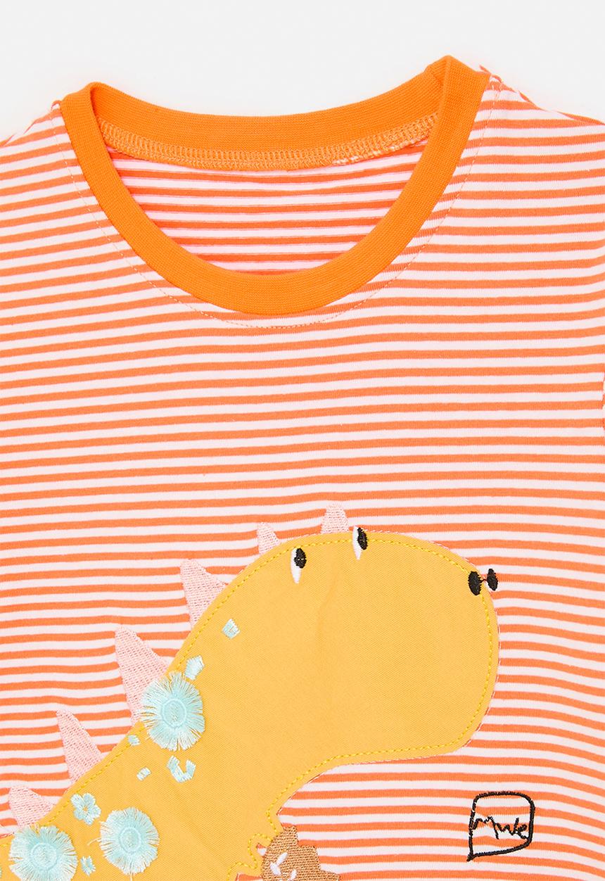 Pop Candy - Candy striped tee with multi detail dino graphic - orange