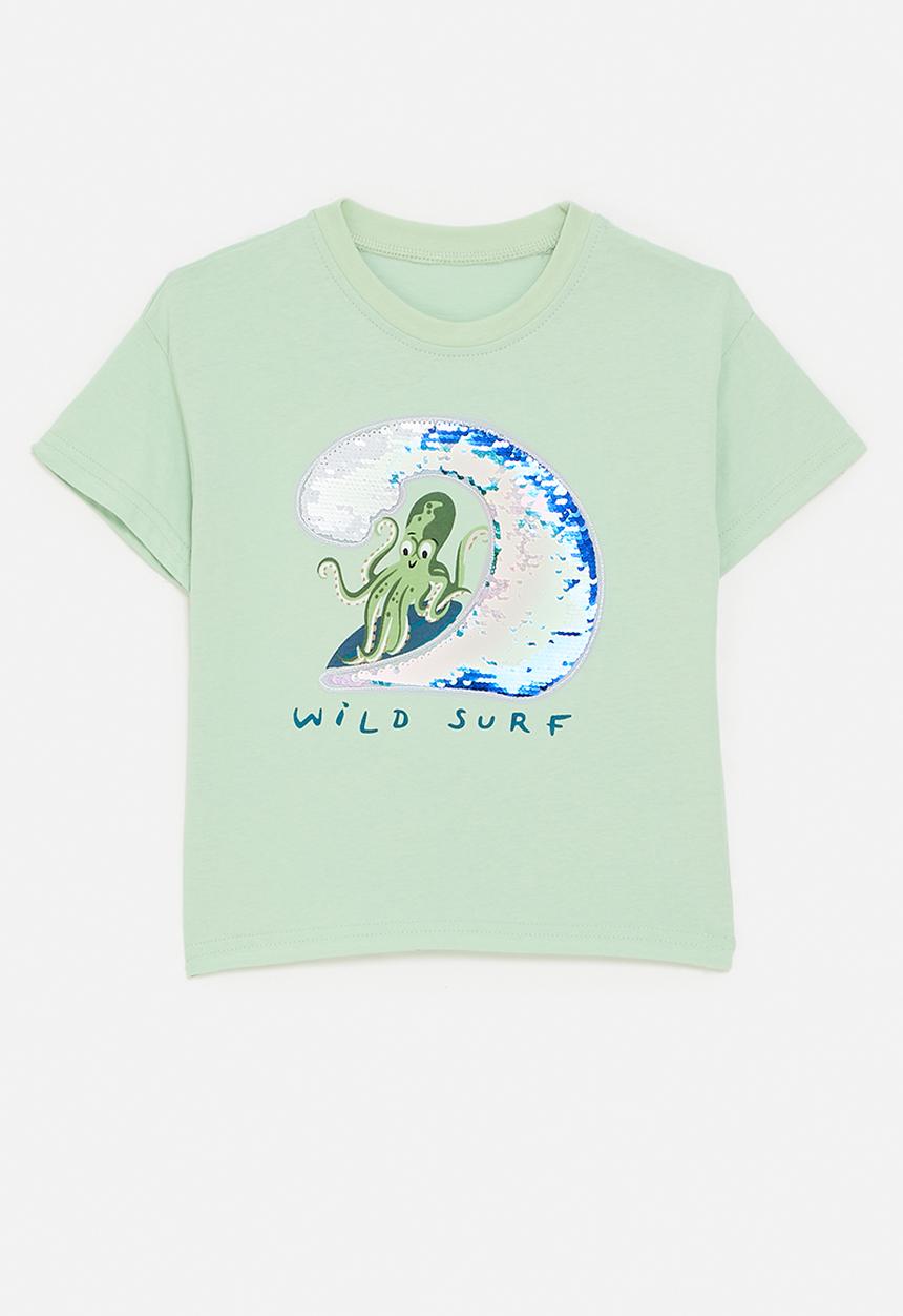 Pop Candy - Sequinned graphic tee - tea green/octopus