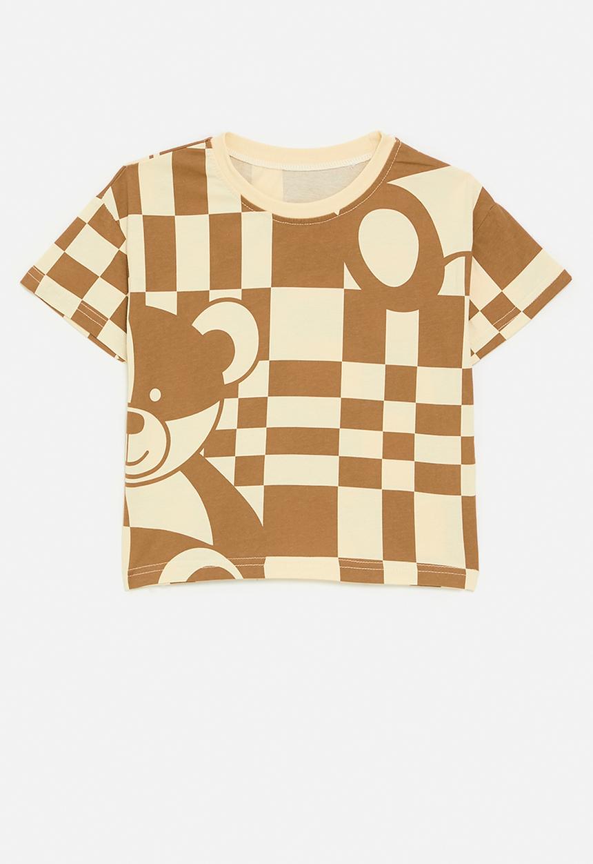 Pop Candy - Checker board print tee - beige/brown/bear