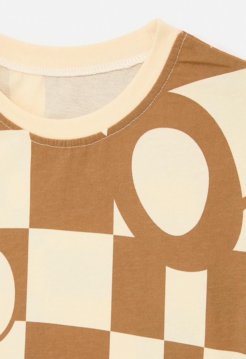 Pop Candy - Checker board print tee - beige/brown/bear