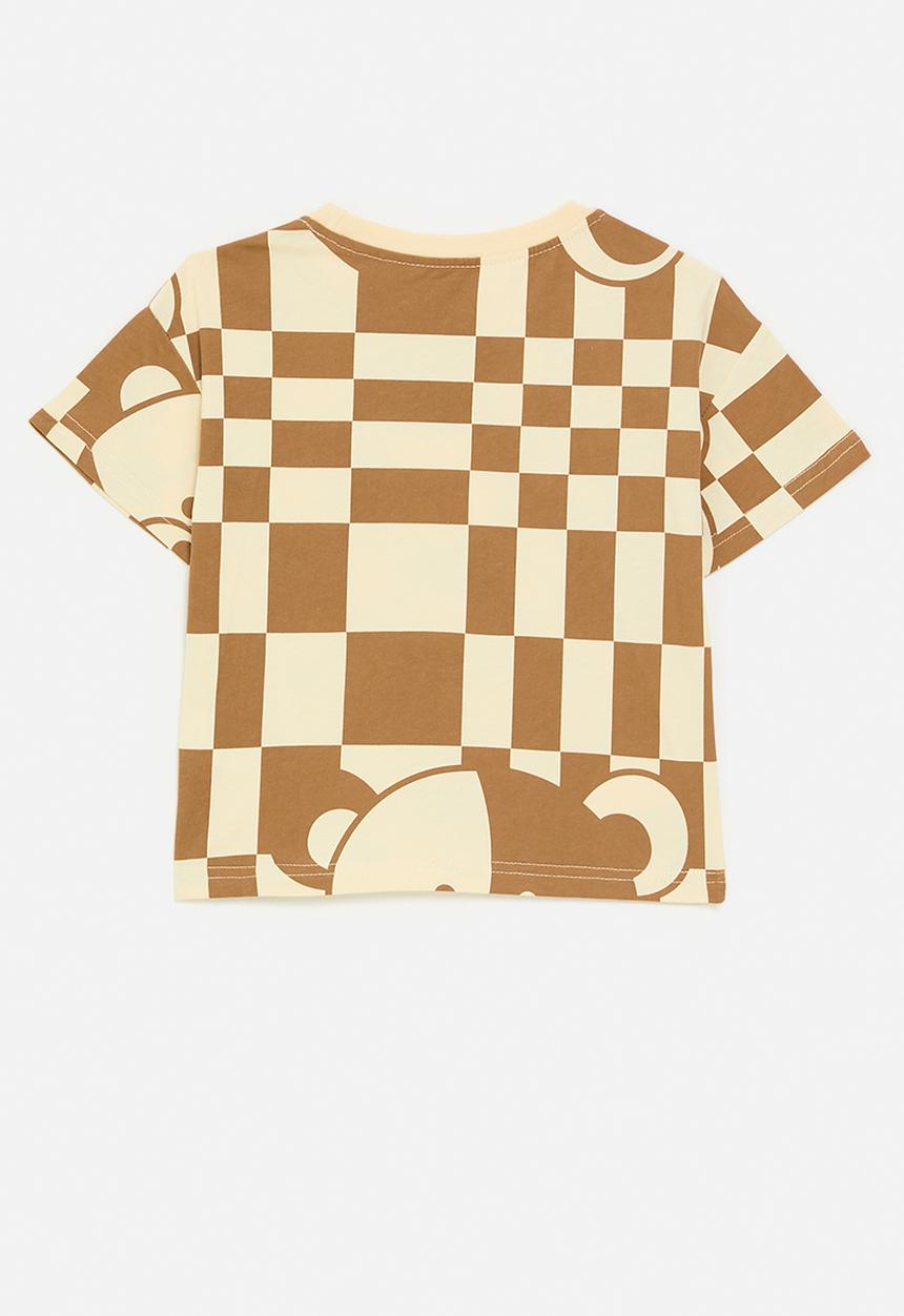 Pop Candy - Checker board print tee - beige/brown/bear