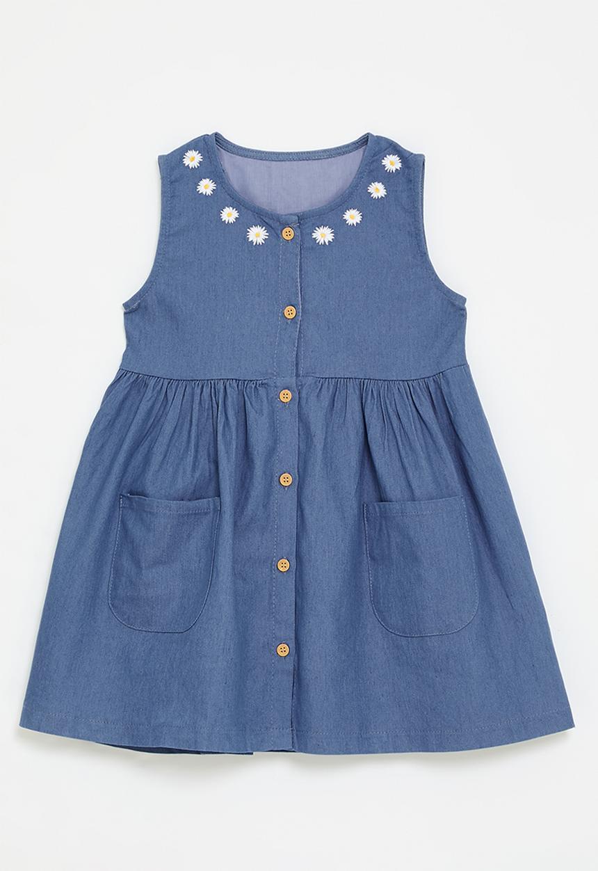Pop Candy - Daisy stitched button down denim dress - blue