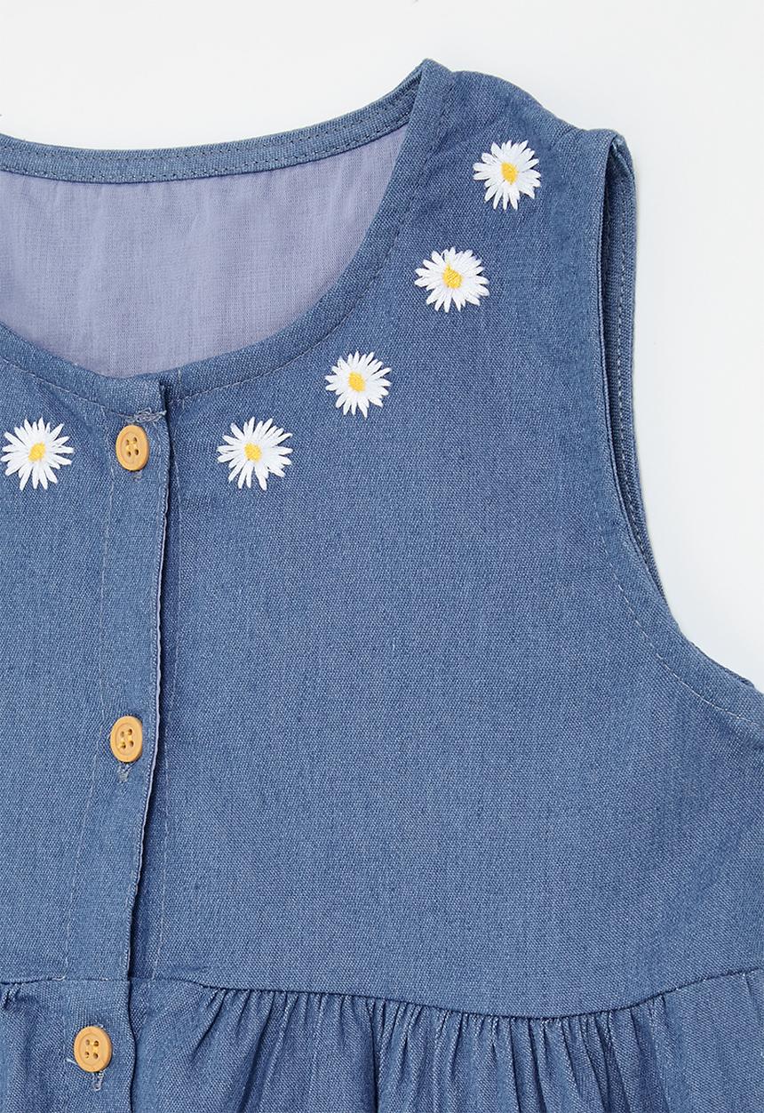 Pop Candy - Daisy stitched button down denim dress - blue
