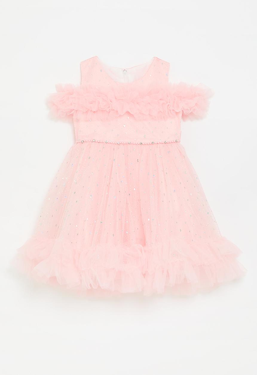 Pop Candy - Off the shoulder ruffle occasion dress - light pink peach