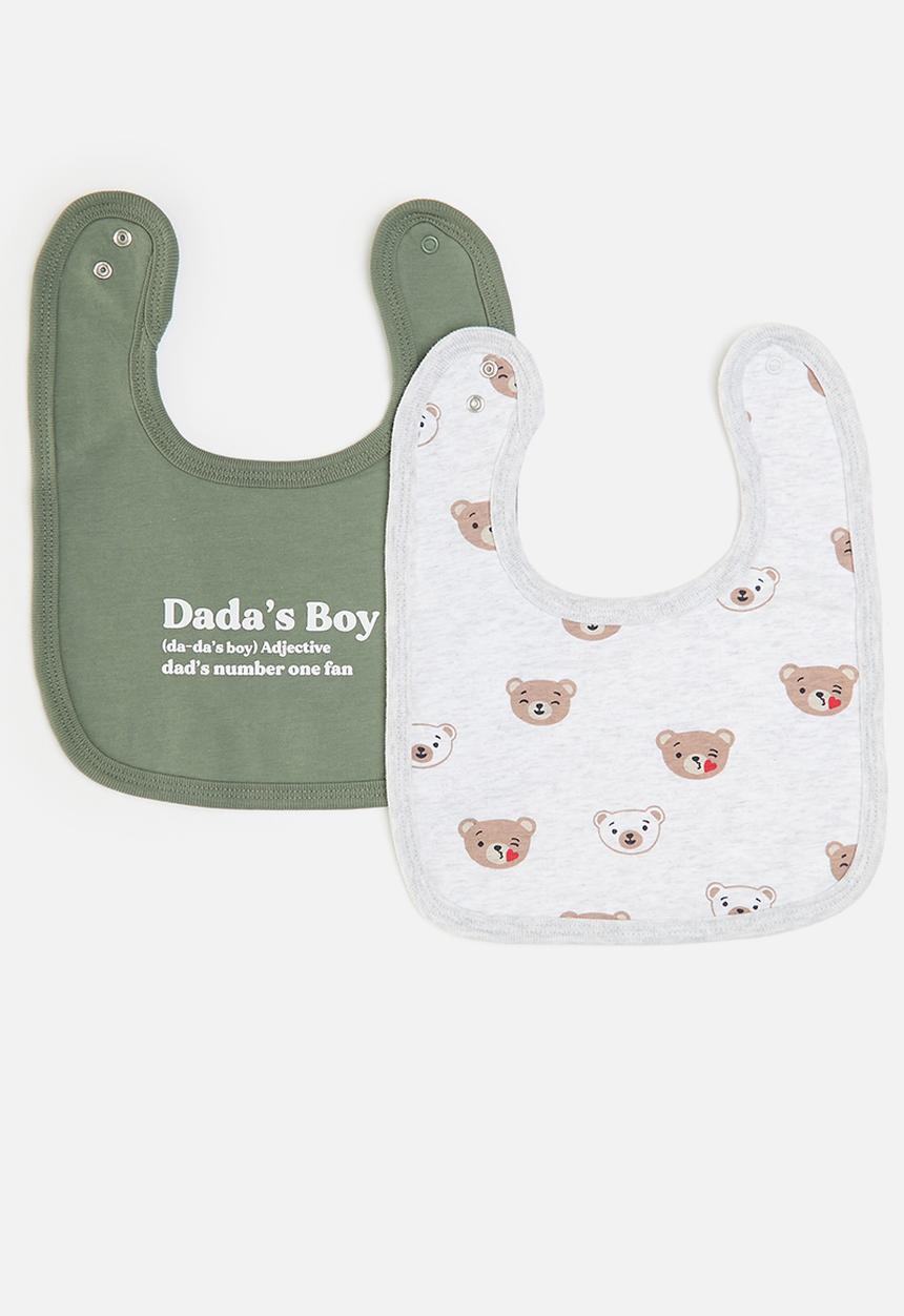 Cotton On - 2 pack the baby bib - snow marle bear kiss & swag green dada's boy