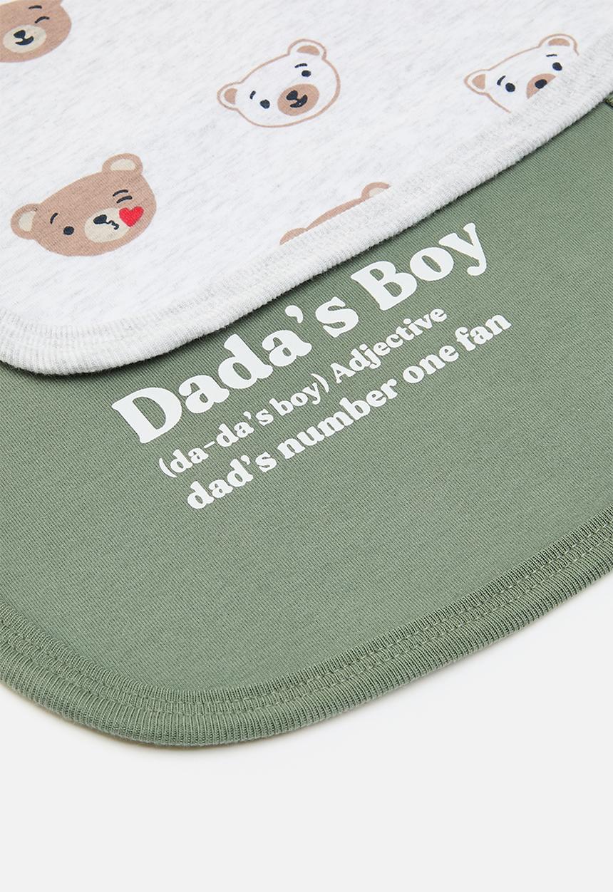 Cotton On - 2 pack the baby bib - snow marle bear kiss & swag green dada's boy