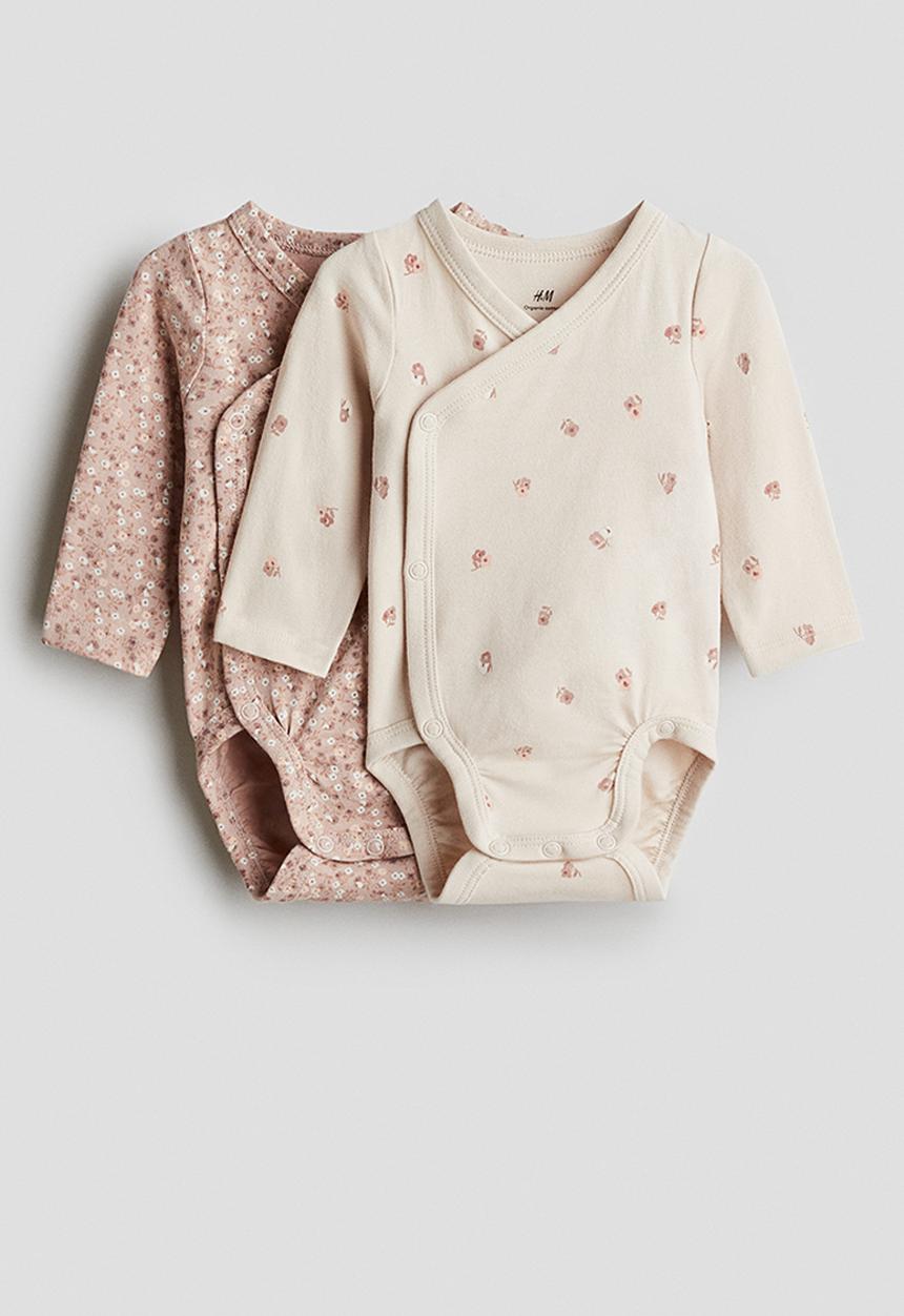 H&M - 2-Pack cotton wrapover bodysuits - dusty pink floral