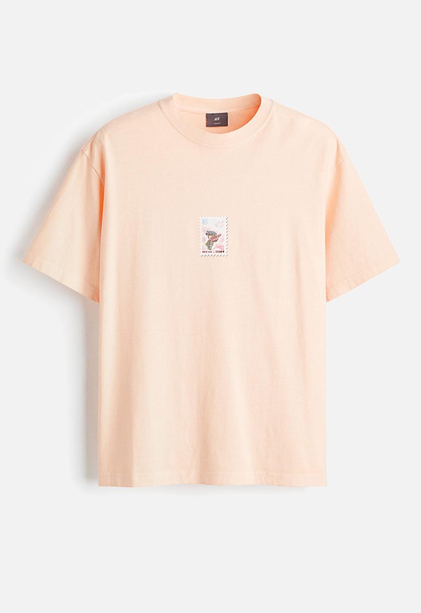 H&M - Loose fit printed t-shirt - peach pink postage stamp