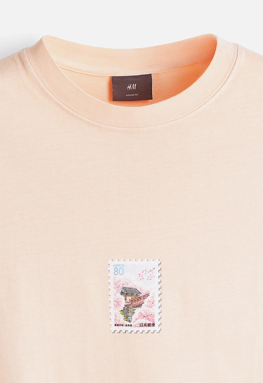 H&M - Loose fit printed t-shirt - peach pink postage stamp