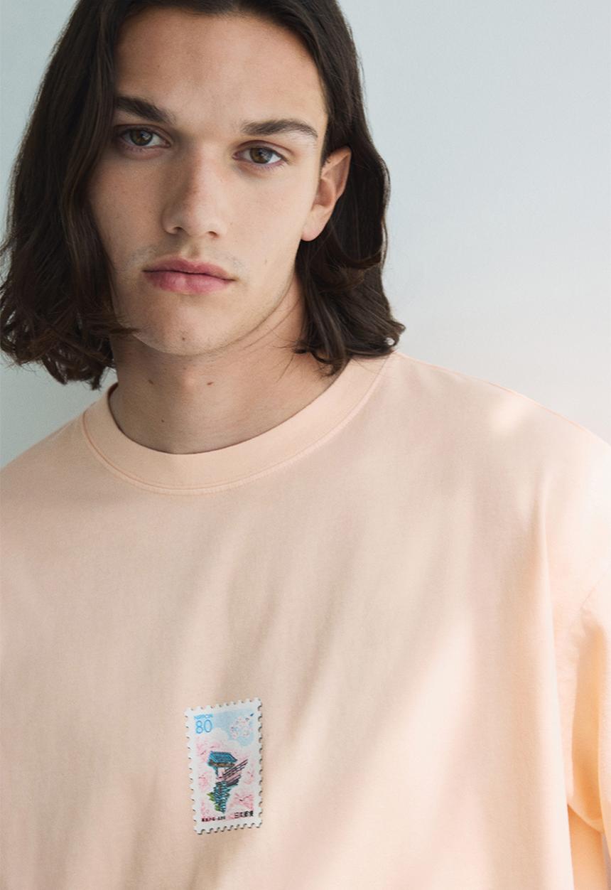 H&M - Loose fit printed t-shirt - peach pink postage stamp