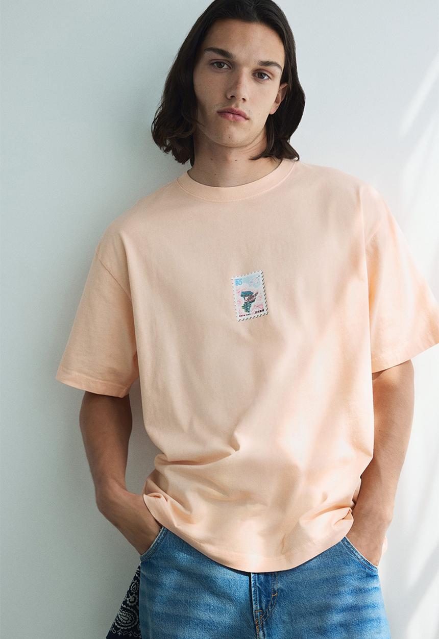 H&M - Loose fit printed t-shirt - peach pink postage stamp