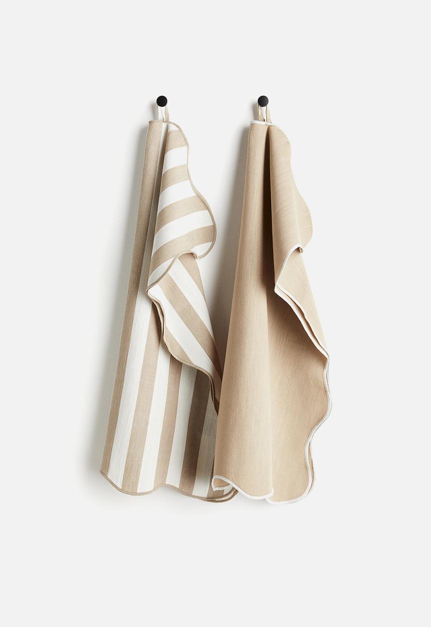 H&M - 2-Pack scallop-edged tea towels - beige/striped