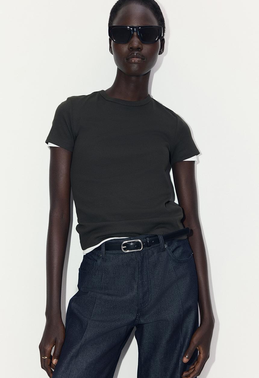 H&M - Ribbed T-shirt - dark khaki green