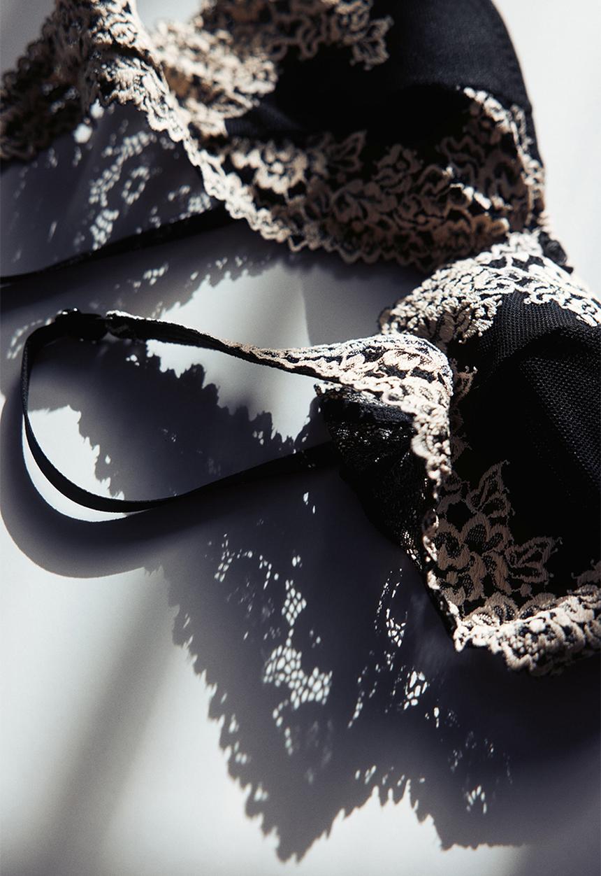 H&M - Padded soft lace bra - black/cream