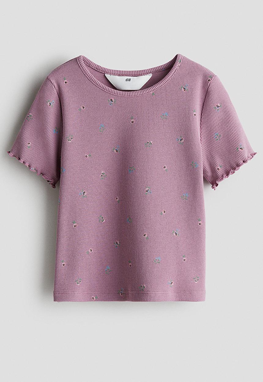H&M - Ribbed cotton top - dark dusty pink/floral 