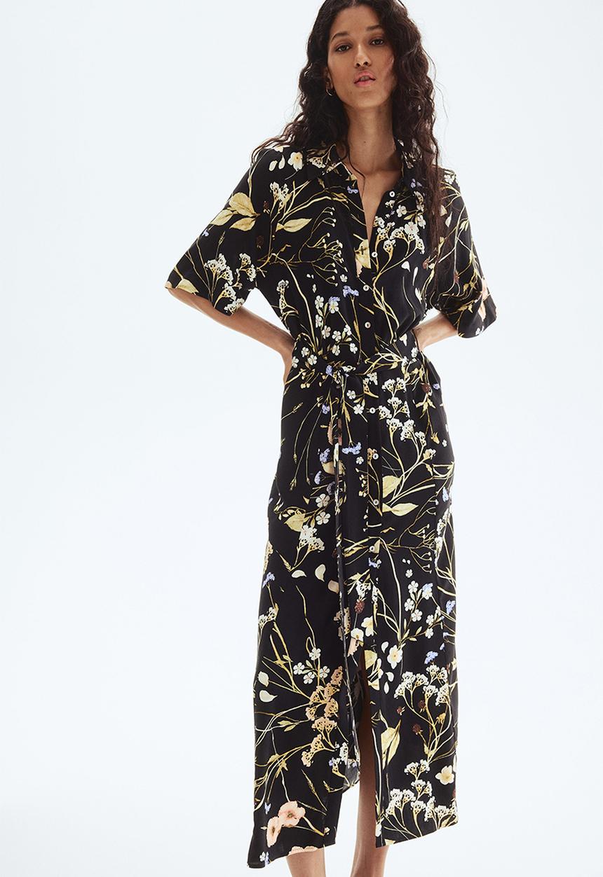 H&M - Tie-belt shirt dress -  black/floral
