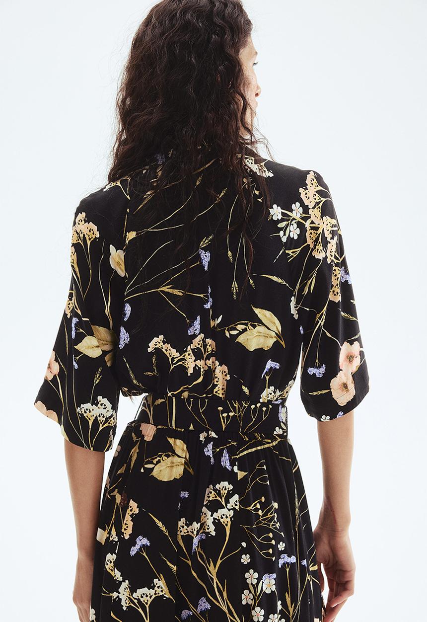 H&M - Tie-belt shirt dress -  black/floral