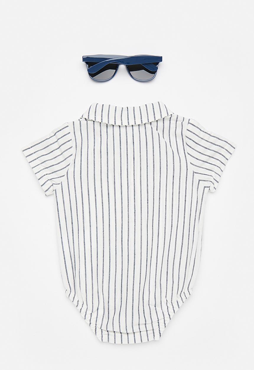 Pop Candy - Shirt-style bodysuit with sunnies - white/blue stripe