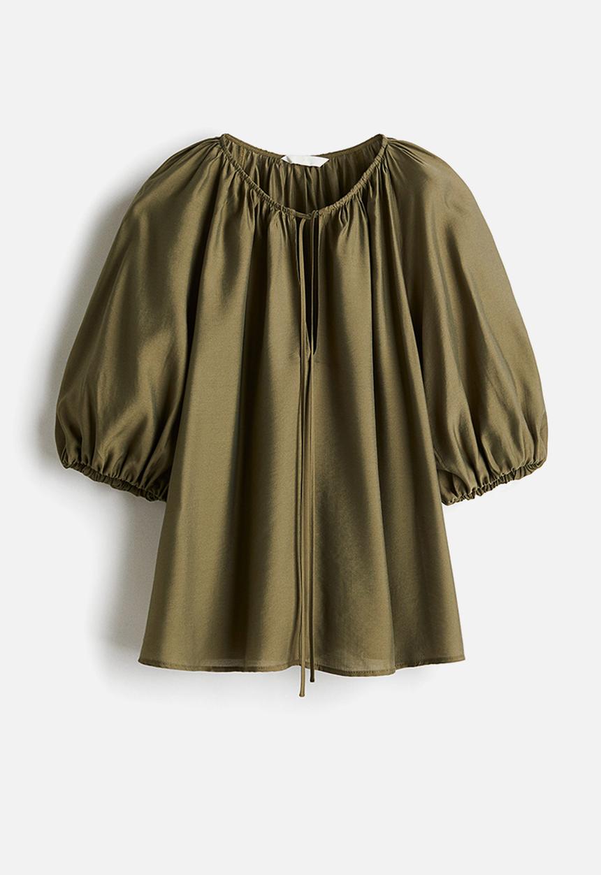H&M - Balloon-sleeved blouse - dark khaki green