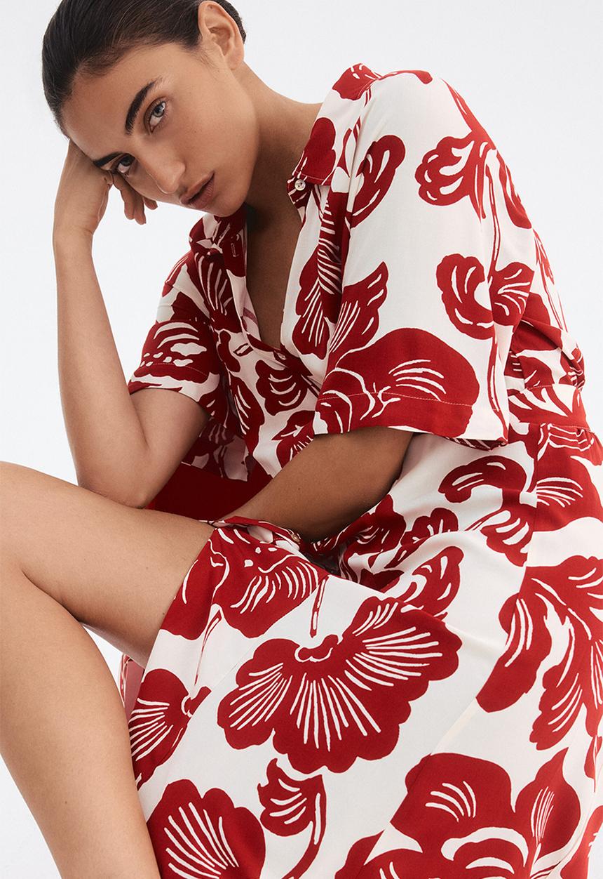 H&M - Tie-belt shirt dress - white/red floral 
