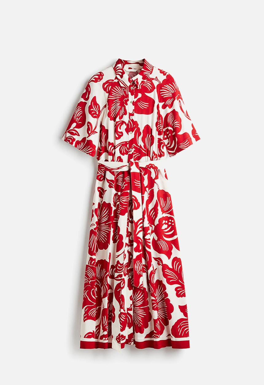 H&M - Tie-belt shirt dress - white/red floral 