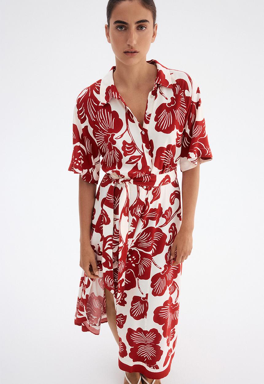 H&M - Tie-belt shirt dress - white/red floral 