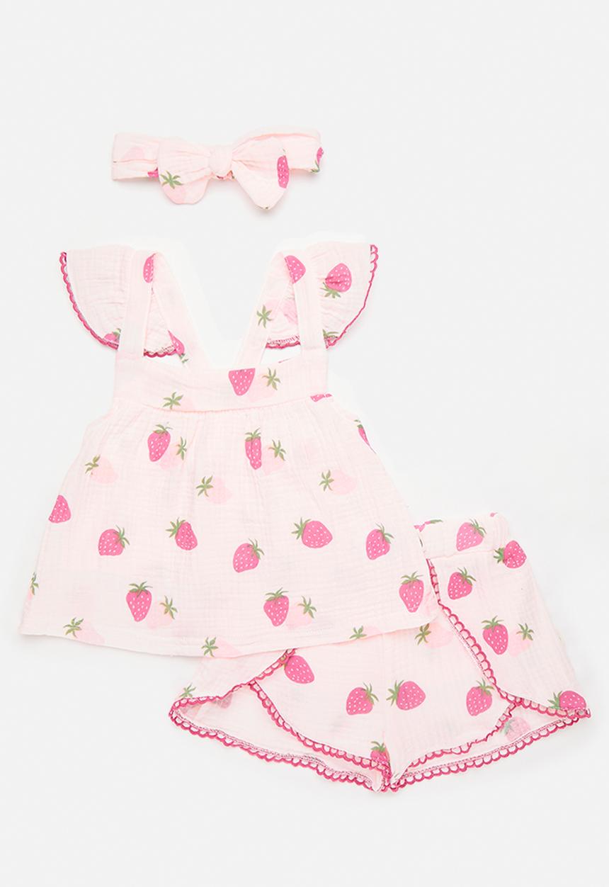 Pop Candy - Apron dress & short set with bow headband - pink
