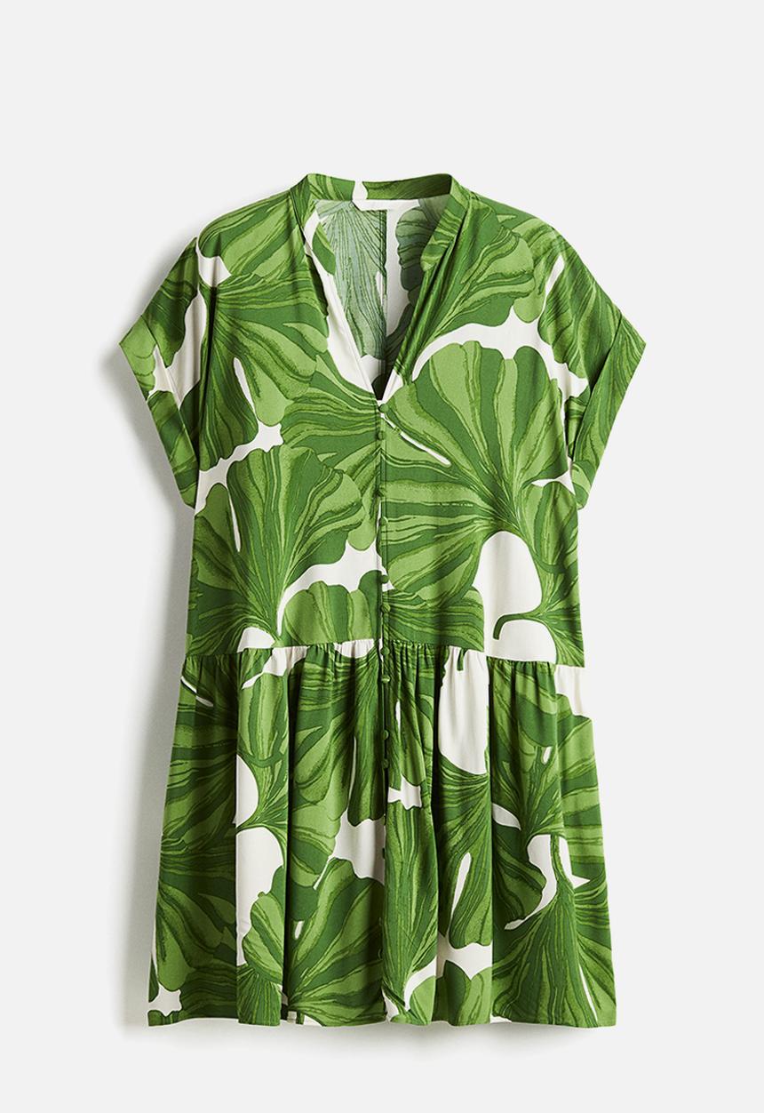 H&M - Crinkled tunic dress -  white/green leaves 