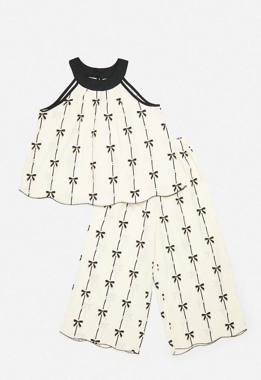 Pop Candy - Bows Print halter top & flared pants set - white/black bows