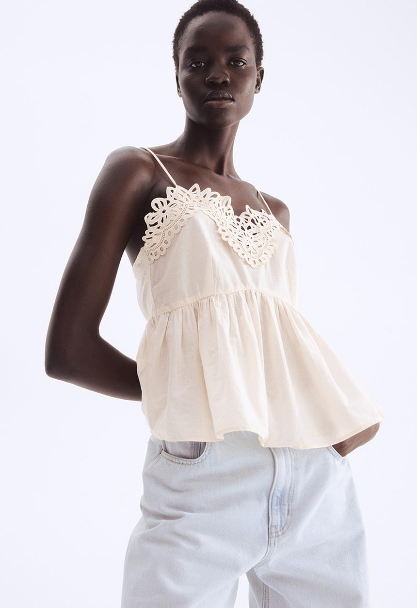 Lace-trimmed strappy top - powder pink - 1288465002